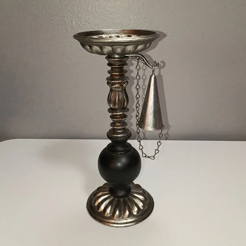 Vintage Dilly Antique Metal Finish Wood Pillar Candle Holder Attached Snuffer
